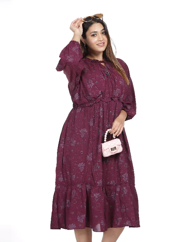 Polyester Floral Printed Plus Size Party Wear Dress – Wine Tropical Island - Inspired Attire