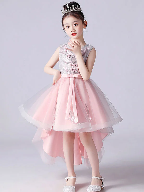 Pink Jewel Neck Sleeveless Short Princess Lace Flowers Kids Social Party Dresses Vintage Retro Party Wear