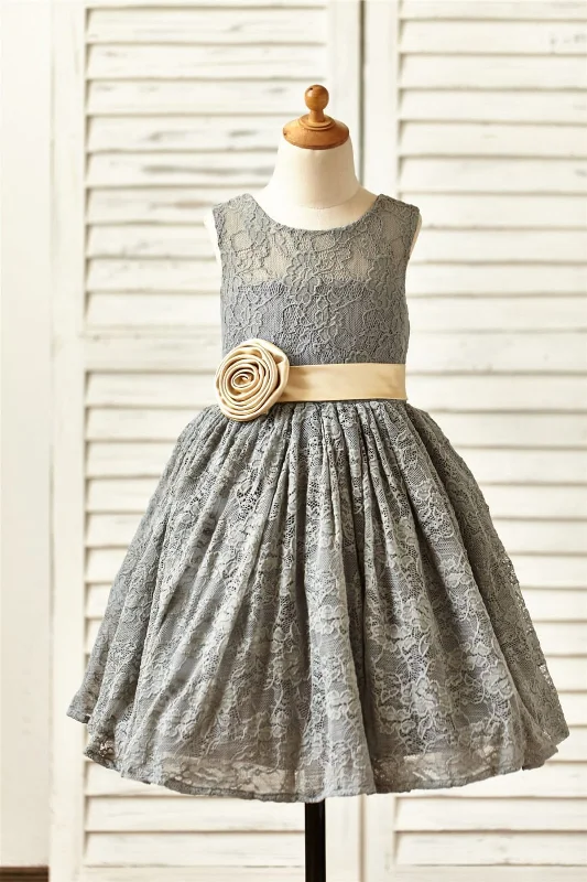 Gray Lace Flower Girl Dress, Champagne Sash / Flower Lighten Up With Nordic Styles