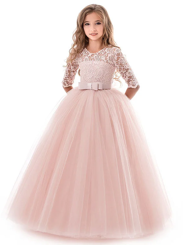 Soft Pink Kids Dress Lace Half Sleeve Bows Tulle A-line Girls Pageant Dress Boho - Chic Festival - Ready Style