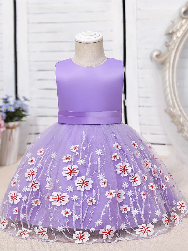 Purple Jewel Neck Cotton Tulle Sleeveless Short A-Line Embroidered Kids Party Dresses Clearance Event