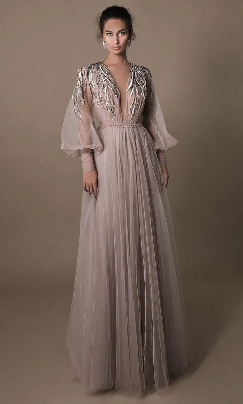Women's Everyday Attire Tarik Ediz - 96077 Plunging V-Neck Sheer Long Gown