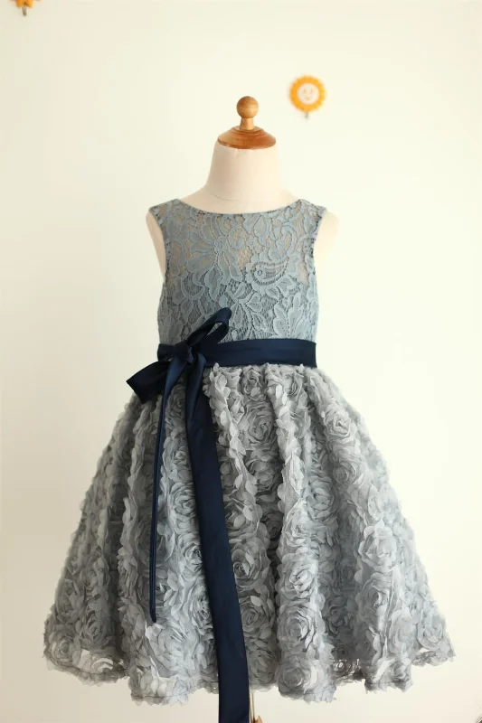 Gray Lace Rosette Keyhole Back Flower Girl Dress Today Only