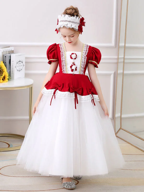 Red Square Neck Short Sleeves Ankle-Length Princess Tulle Flowers Kids Party Dresses Limited Styles