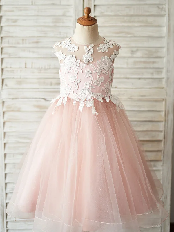 Jewel Neck Sleeveless Bows Formal Kids Pageant Tulle Dresses Ethnic Cultural Event Wear