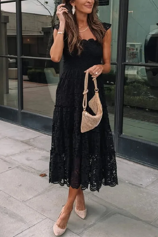 Black Lace Smocked Bodice Sleeveless Midi Dress Special Occasion Wear