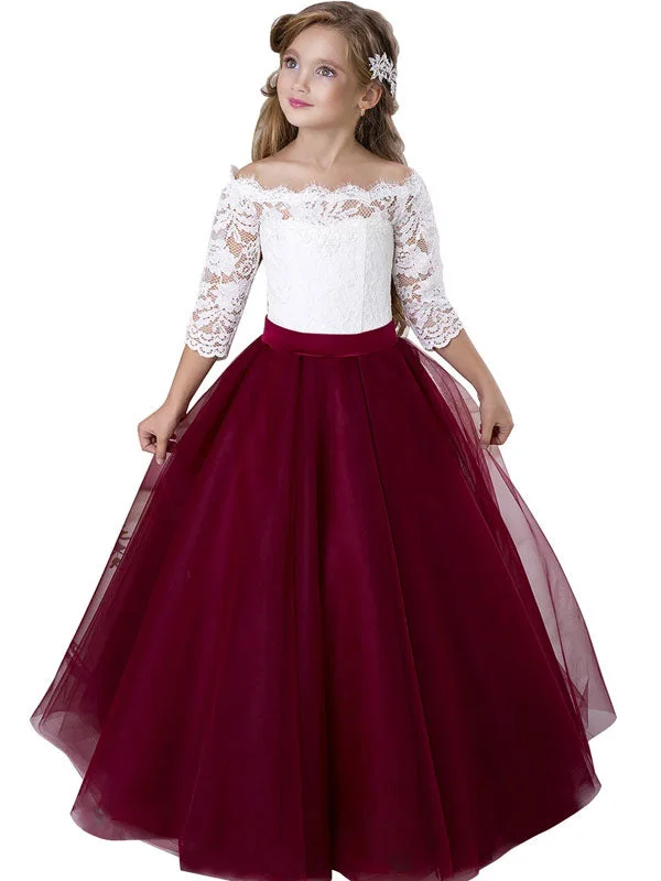 Bateau Neck Tulle Floor Length Princess Sash Kids Party Dresses Vintage Retro Party Wear