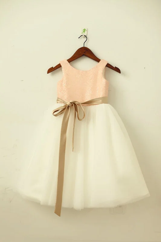 Blush / Gold Sequin Ivory Tulle Flower Girl Dress, Navy/Champagne Sash Pastel Styles