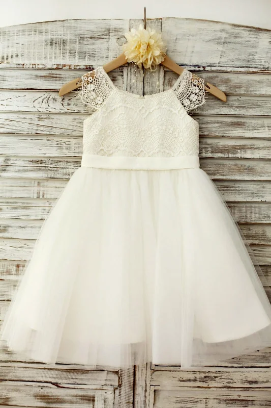 Lace Cap Sleeves Ivory Tulle TUTU Flower Girl Dress Chic Style