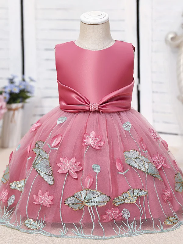 Jewel Neck Polyester Sleeveless Polyester Cotton Tulle Short A-Line Embroidered Kids Party Dresses Clearance Event