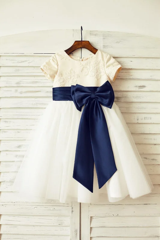 Ivory Lace Tulle Short Sleeves Flower Girl Dress, Bow Limited - Edition Drops