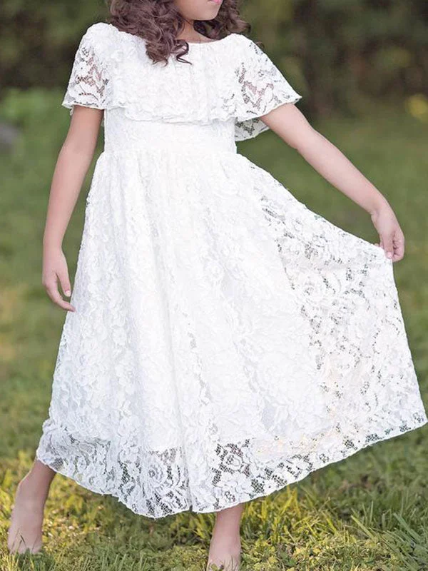 Jewel Neck Lace Short Sleeves Ankle Length A-line Pleated Pageant flower girl dresses Discounts On Casual Weekend Styles