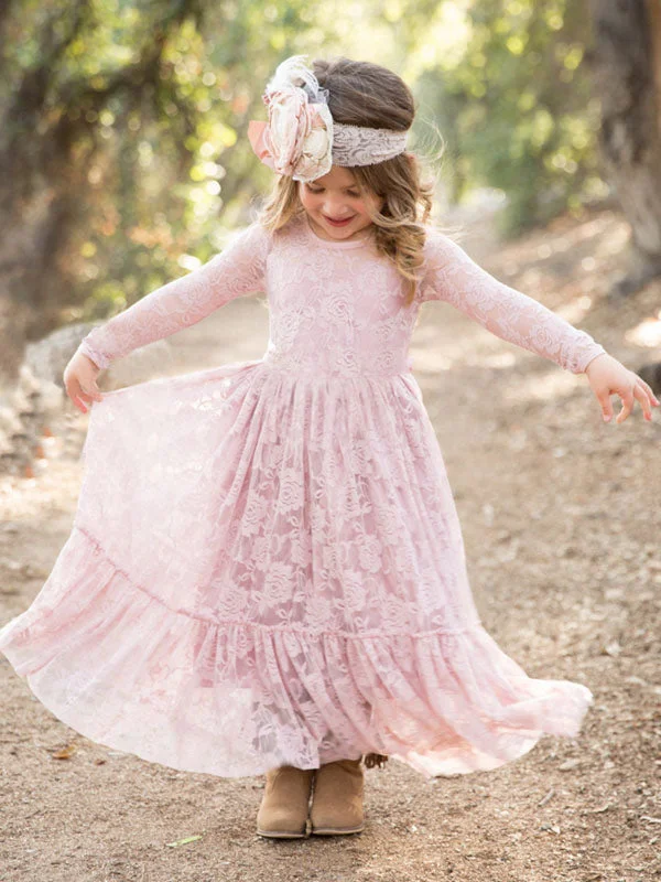 Lace Pink Round Neck Long Sleeve Flower Girl Dress Playful Elegance