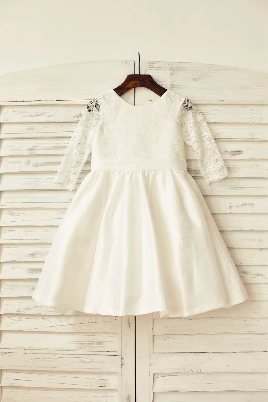 Ivory Long Lace Sleeves Taffeta Flower Girl Dress Update With Cottagecore Styles