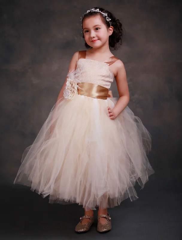 Champagne Princess Lace Straps Flower Sash Tulle Tea Length Toddler'S Tutu Dress Elevated Style