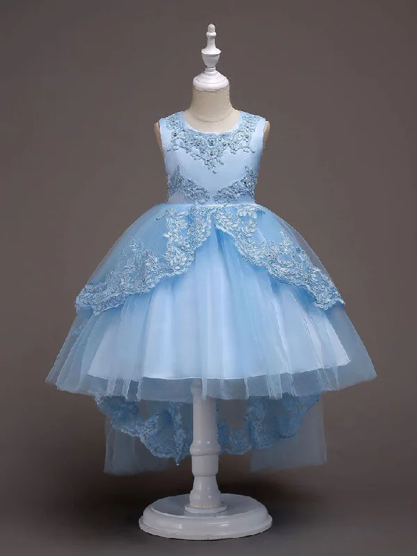 Baby Blue Lace Tulle Princess Tutu Embroidered Kids Ball Gown Dress Special Occasion Wear