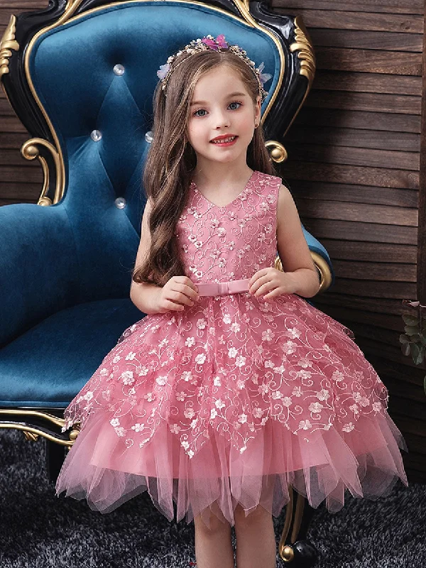 V Neck Tulle Sleeveless Short Princess Flowers Kids Social Party Dresses Spring Fashion