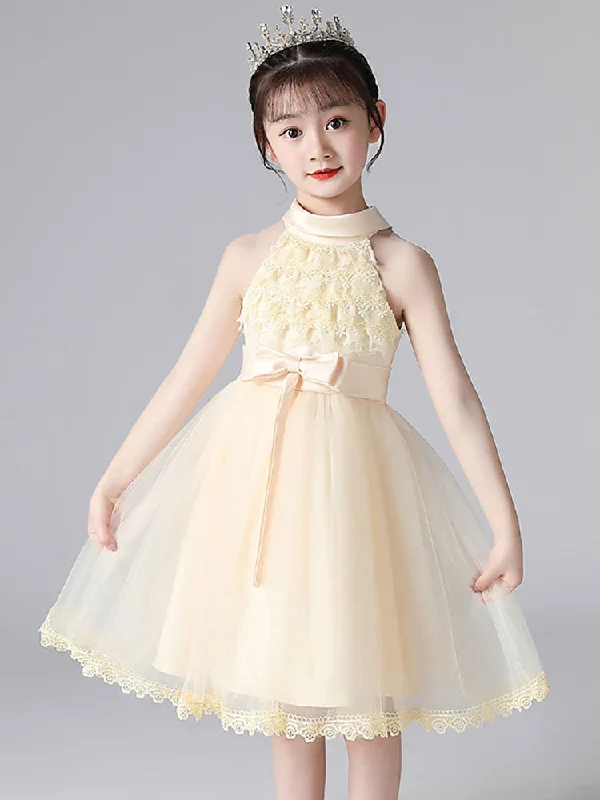 Champagne Designed Neckline Sleeveless Polyester Cotton Tulle Embroidered Formal Kids Pageant flower girl dresses Big Savings On Minimalist Office Styles