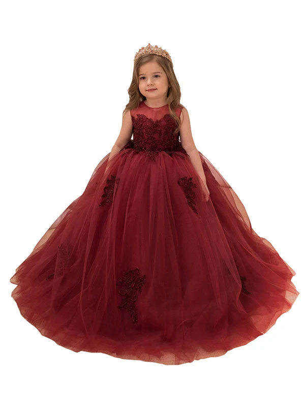 Jewel Neck Lace Sleeveless Ankle Length Ball Gown Applique Kids Pageant flower girl dresses Weekend Special