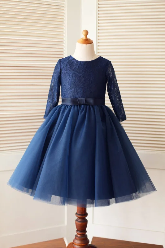 Long Sleeves Navy Blue Lace Tulle Flower Girl Dress Mid - Week Surprise