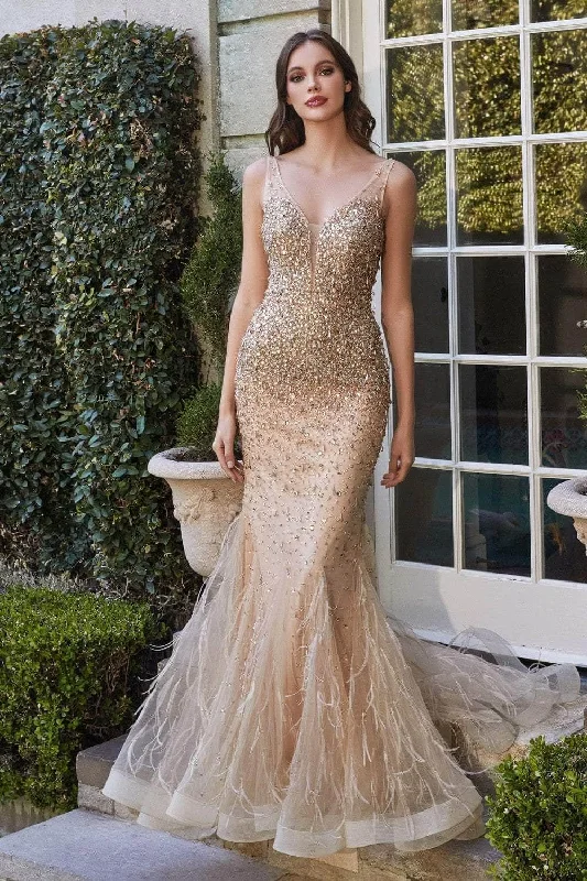 Women's Evening Apparel Ladivine B718 - Feather Accent Mermaid Prom Gown
