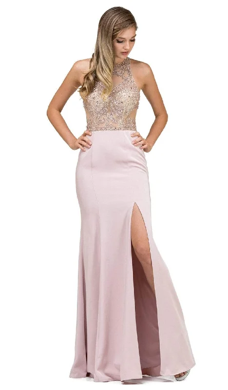 Dancing Queen - 9974 Beaded Illusion Halter Evening Dress With Slit Effortless Sophistication