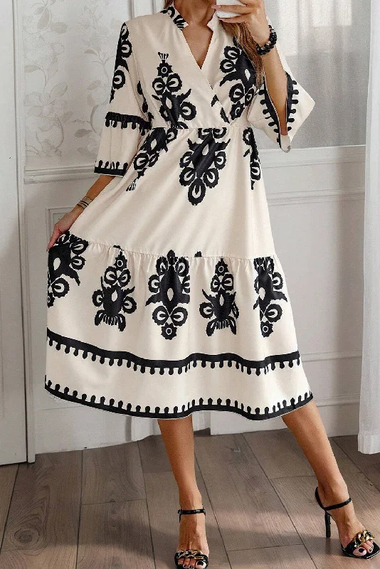 Beige Ethnic Geometric Print 3/4 Sleeve Loose Midi Dress Limited Styles