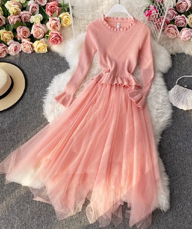 Online Boutiques Clothing Lovely A line knitted tulle patchwork dress 194