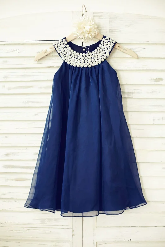 Boho Beach Navy Blue Chiffon Pearl Beaded Neck Flower Girl Dress Fashion-Forward