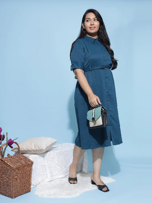 Plus Size Dress – Polyester Collared Neck in Steel Blue Limited Quantities