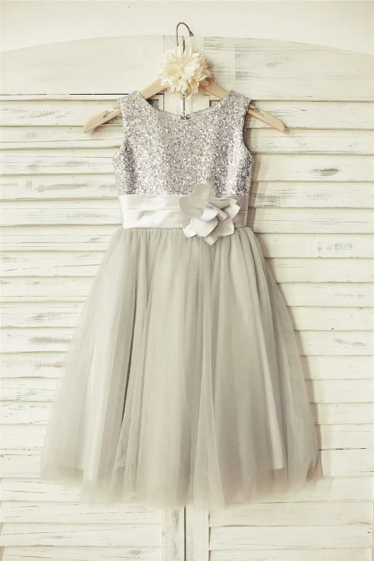 Silver Sequin Gray Tulle Flower Girl Dress End - Of - Month Blowout