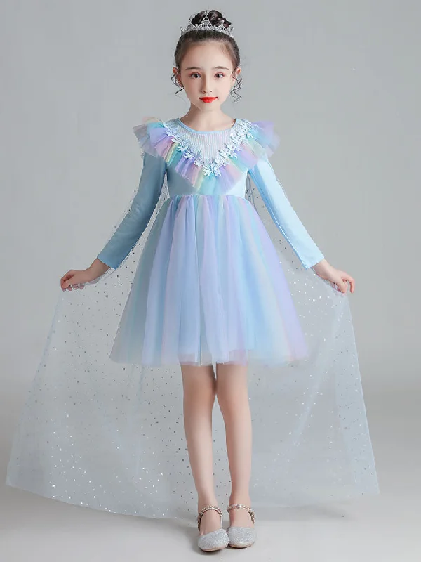 Light Blue Designed Neckline Polyester Sleeveless Short A-Line Polyester Cotton Tulle Sequins Kids Social Party Dresses End Of Season Sale