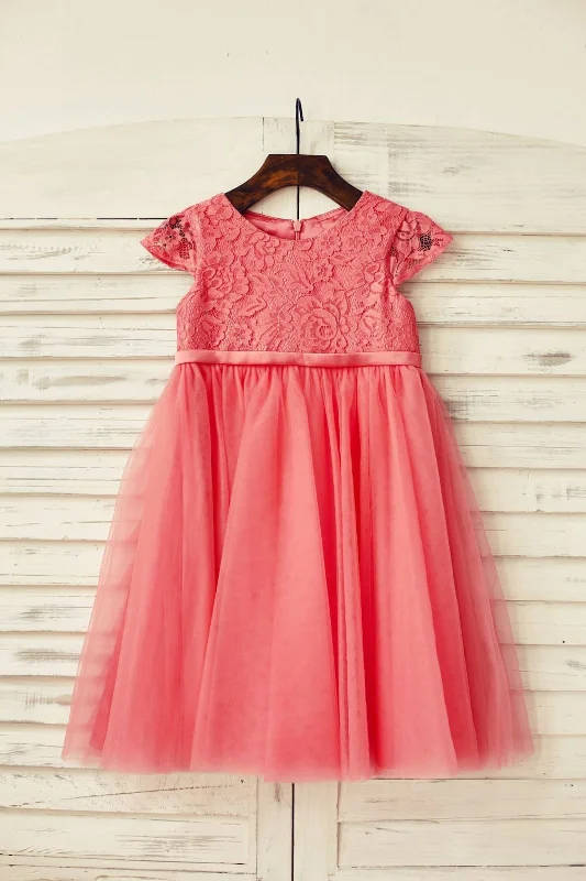 Coral Lace Tulle Cap Sleeve Flower Girl Dress Best-Sellers