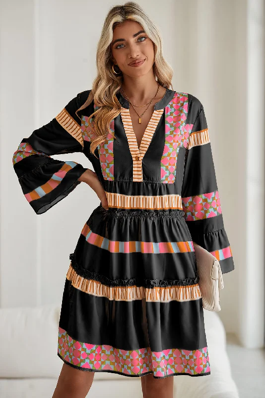 Black Ethnic Geometric Print Ruffle Mini Dress Fashion Sale