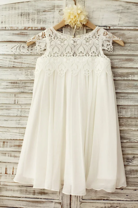 Boho Beach Lace Cap Sleeves Ivory Chiffon Flower Girl Dress Budget-Friendly Fashion