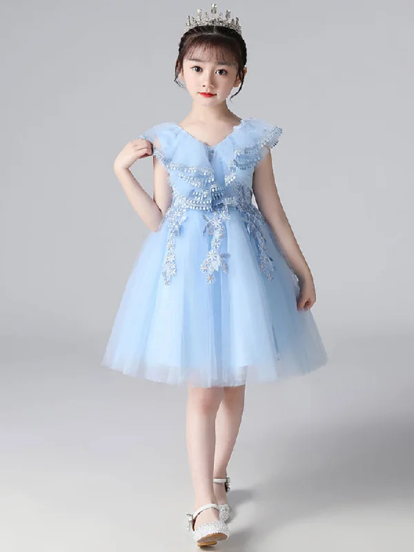 Light Sky Blue Designed Neckline Tulle Sleeveless Short A-Line Embroidered Kids Social Party Dresses Flash Deals