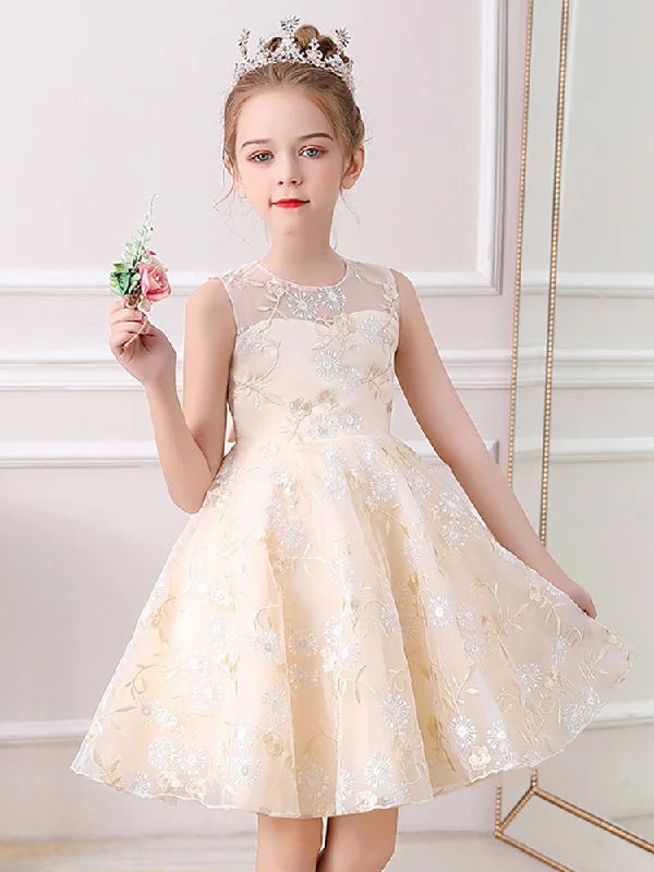 Champagne Jewel Neck Short Sleeves Embroidered Formal Kids Pageant flower girl dresses Lightweight Fabric