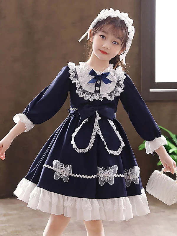 Navy Blue Designed Neckline Tulle Long Sleeves Short A-Line Bows Kids Party Dresses Exclusive Discount