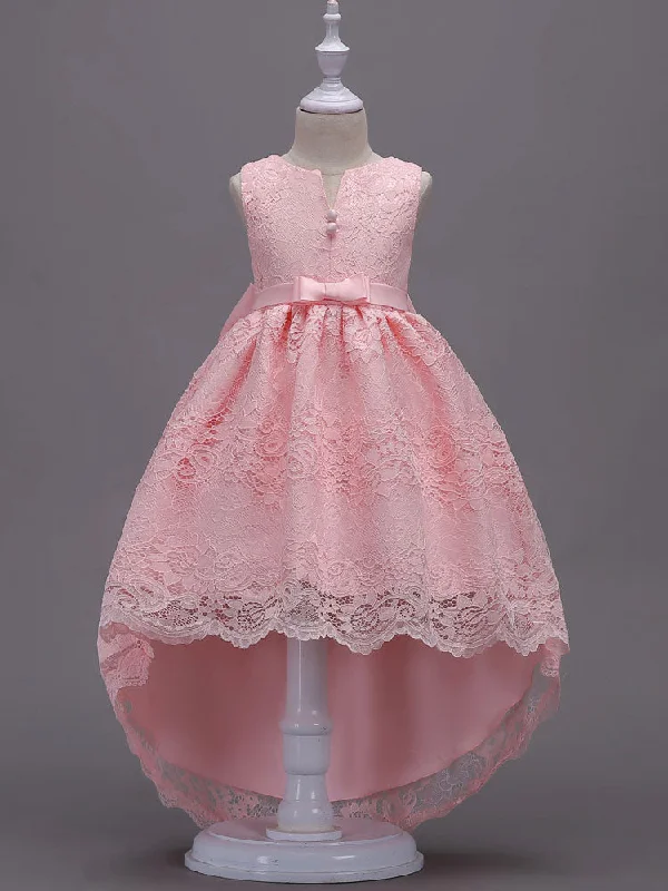 Lace Pink High Low Ball Gowns Sleeveless Bow Sash Princess Party Dresses Seasonal Sale