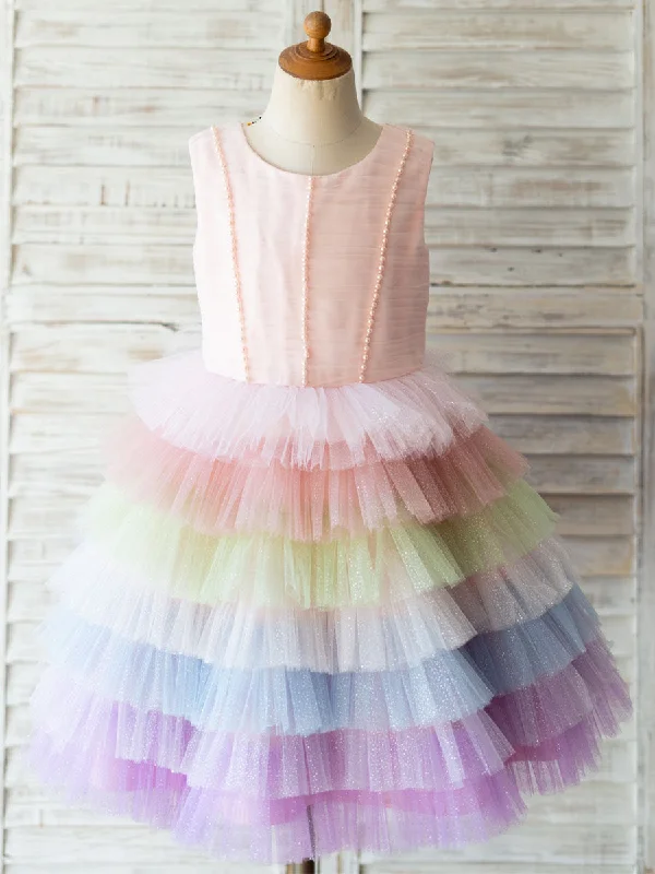 Rainbow Color Jewel Neck Tulle Sleeveless Short Princess Pearls Kids Social Party Dresses Wardrobe Refresh