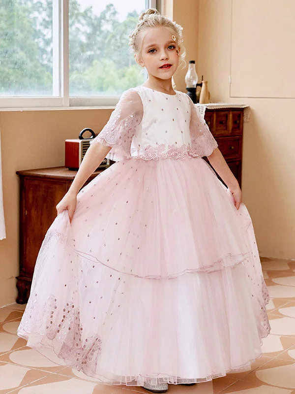 Light Pink Jewel Neck Short Sleeves Sash Lace Tulle Formal Kids Pageant flower girl dresses Feminine Grace