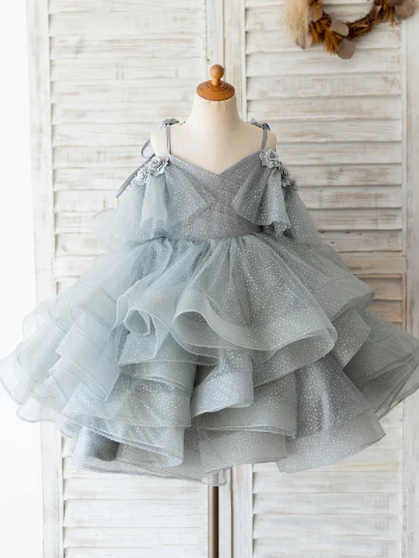 V Neck Sleeveless Flowers Tulle Grey Kids Social Party Dresses Wardrobe Essentials