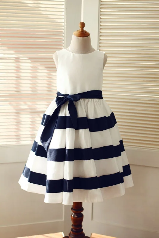 Ivory / Navy Blue Taffeta Stripes Wedding Flower Girl Dress Elevated Style