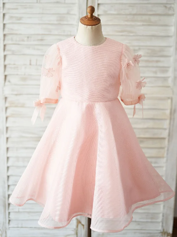 Jewel Neck Short Sleeves Kids Pink Social Party Dresses Romantic Date - Night Ensemble