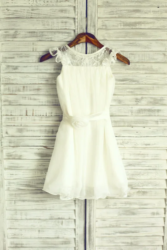 Navy Blue/Ivory/Pink/Gray Lace Chiffon Cap Sleeves Flower Girl Dress Feminine Soft - Hued Styles