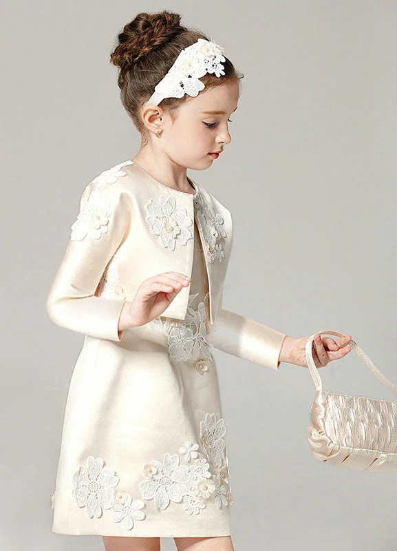 Champagne A-line Flower Applique Beaded Short flower girl dress With Jacket Effortless Sophistication