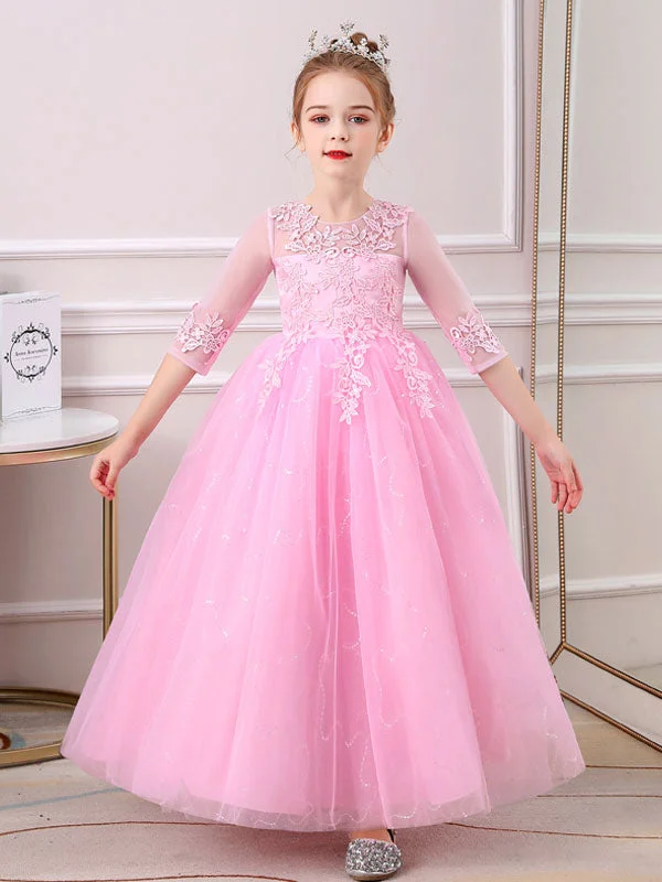 Pink Jewel Neck Half Sleeves Ankle-Length Lace Princess Bows Formal Kids Pageant flower girl dresses Now On Sale For Chic Urban Styles