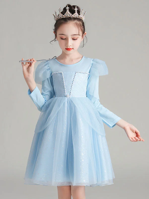 Light Blue Jewel Neck Polyester Cotton Long Sleeves Short A-Line Beaded Formal Kids Pageant flower girl dresses Boho - Chic Festival - Ready Style