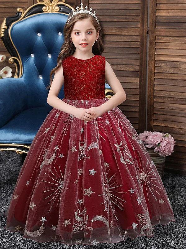 Red Jewel Neck Sleeveless Ankle-Length A-Line Embroidered Polyester Kids Party Dresses Feminine Flow