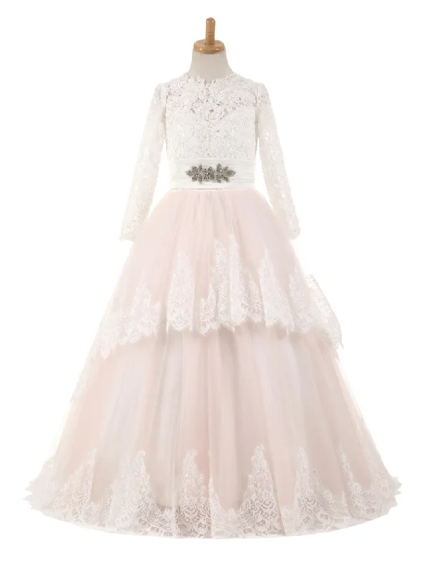 Lace Tulle Bows Satin Pageant Dresses Round Neck Long Sleeve Sash Blush Pink Floor Length Party Dress Elegant Contour